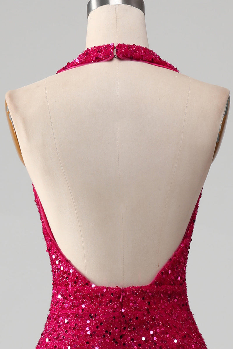 Load image into Gallery viewer, Fuchsia Mermaid Halter Sequin Formal Dress With Slit