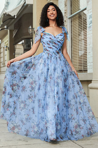 Blue A-Line Printed Adjustable Straps Long Formal Dress