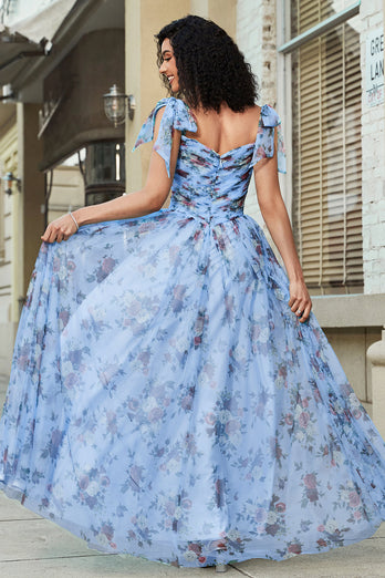 Blue A-Line Printed Adjustable Straps Long Formal Dress