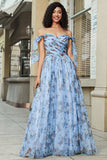 Blue A-Line Printed Adjustable Straps Long Formal Dress