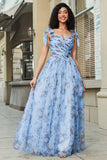 Blue A-Line Printed Adjustable Straps Long Formal Dress