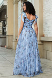 Blue A-Line Printed Adjustable Straps Long Formal Dress