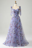 A-Line Lavender Printed Adjustable Straps Long Formal Dress