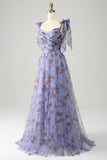 A-Line Lavender Printed Adjustable Straps Long Formal Dress