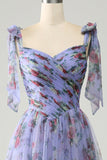 A-Line Lavender Printed Adjustable Straps Long Formal Dress