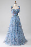 Blue A-Line Printed Adjustable Straps Long Formal Dress