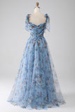 Blue A-Line Printed Adjustable Straps Long Formal Dress