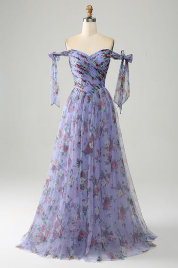 A-Line Lavender Printed Adjustable Straps Long Formal Dress