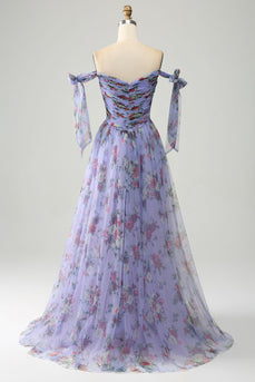 A-Line Lavender Printed Adjustable Straps Long Formal Dress