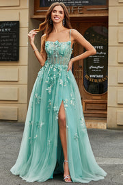 A-Line Green Tulle Corset Formal Dress with Appliques