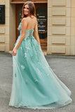 A-Line Green Tulle Corset Formal Dress with Appliques