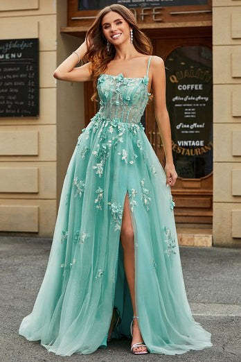A-Line Green Tulle Corset Formal Dress with Appliques