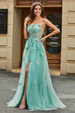 A-Line Green Tulle Corset Formal Dress with Appliques