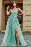 A-Line Green Tulle Corset Formal Dress with Appliques