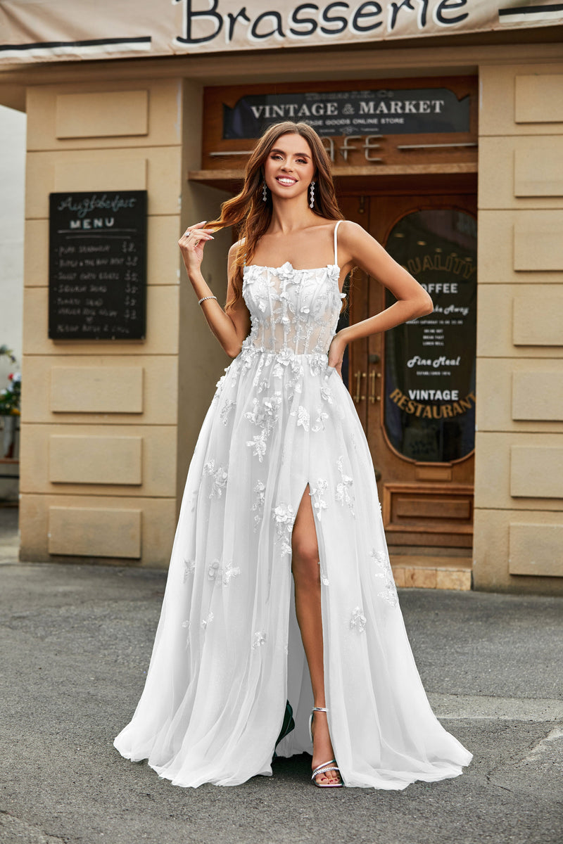 Load image into Gallery viewer, White A-Line Tulle Wedding Dress with Appliques