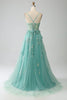 Load image into Gallery viewer, Green A-Line Spaghetti Straps Long Corset Formal Dress with Appliques
