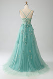 Green A-Line Spaghetti Straps Long Corset Formal Dress with Appliques