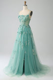 Green A-Line Spaghetti Straps Long Corset Formal Dress with Appliques