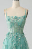 Load image into Gallery viewer, Green A-Line Spaghetti Straps Long Corset Formal Dress with Appliques