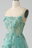 Green A-Line Spaghetti Straps Long Corset Formal Dress with Appliques