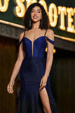 Sparkly Navy Mermaid Long Corset Beaded Formal Dress with Slit