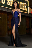 Sparkly Navy Mermaid Long Corset Beaded Formal Dress with Slit