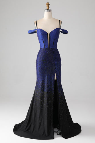 Sparkly Navy Mermaid Long Corset Formal Dress with Slit