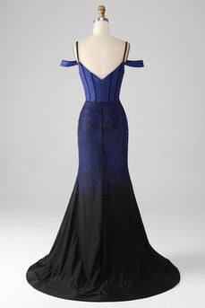 Sparkly Navy Mermaid Long Corset Formal Dress with Slit