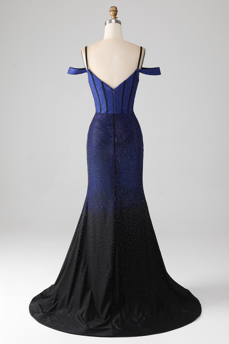 Load image into Gallery viewer, Sparkly Navy Mermaid Long Corset Formal Dress with Slit