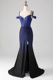 Sparkly Navy Mermaid Long Corset Formal Dress with Slit