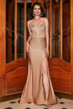 Trendy Mermaid Spaghetti Straps Champagne Corset Formal Dress with Beading