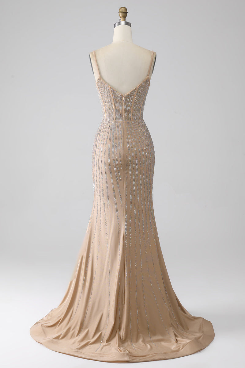 Load image into Gallery viewer, Sparkly Champagne Mermaid Spaghetti Straps Long Formal Dress with Slit