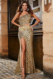 One Shoulder Golden Fringe Sequin Glitter Formal Dress With Slit