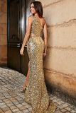 One Shoulder Golden Fringe Sequin Glitter Formal Dress With Slit