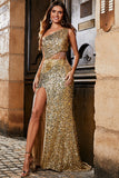 One Shoulder Golden Fringe Sequin Glitter Formal Dress With Slit