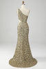 Load image into Gallery viewer, Golden One Shoulder Fringe Sequin Formal Dress With Slit