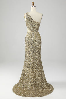 Golden One Shoulder Fringe Sequin Formal Dress With Slit