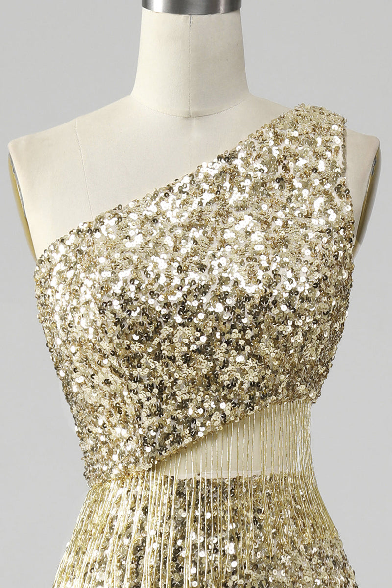 Load image into Gallery viewer, Golden One Shoulder Fringe Sequin Formal Dress With Slit