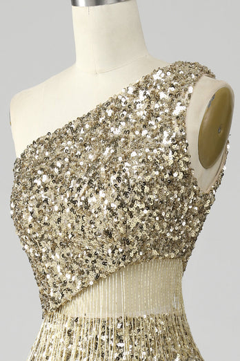 Golden One Shoulder Fringe Sequin Formal Dress With Slit