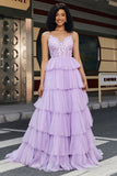 Princess A Line Spaghetti Straps Lilac Corset Formal Dress with Appliques Ruffles