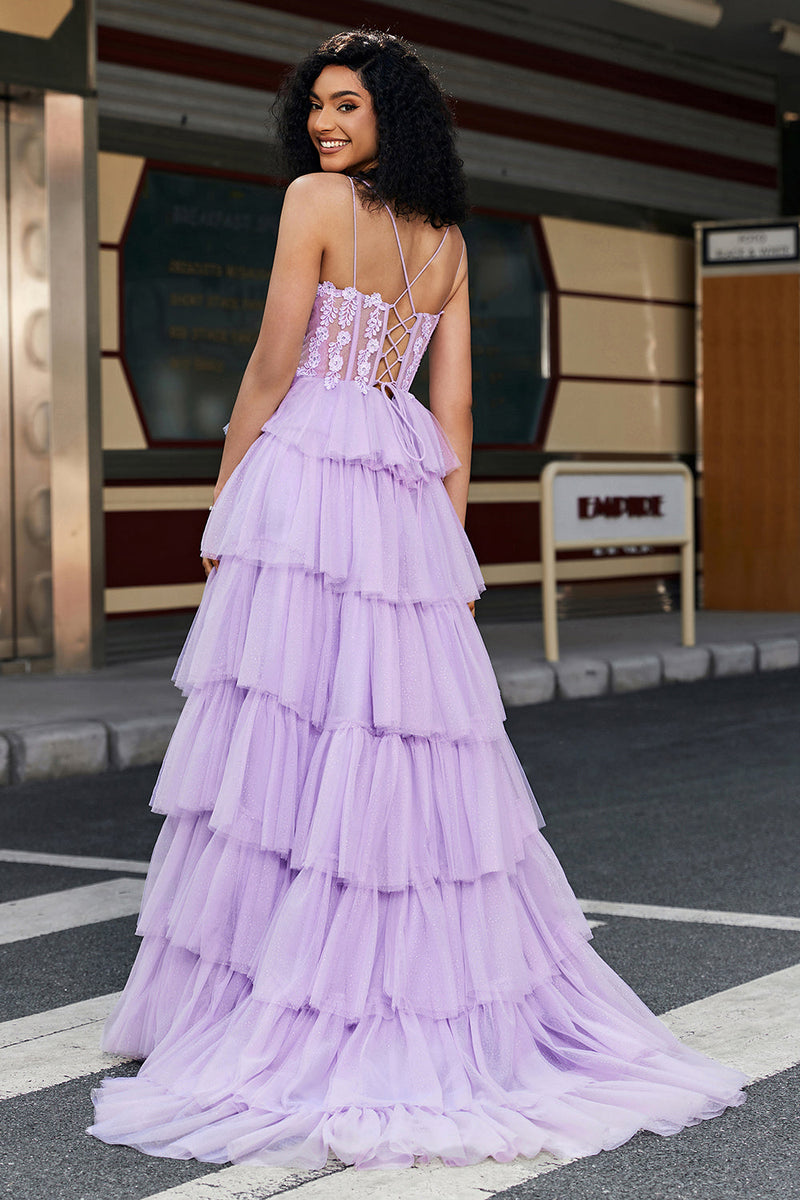 Load image into Gallery viewer, Princess A Line Spaghetti Straps Lilac Corset Formal Dress with Appliques Ruffles