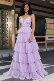 Princess A Line Spaghetti Straps Lilac Corset Formal Dress with Appliques Ruffles