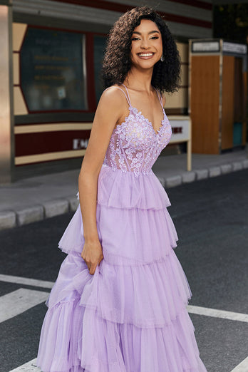 Princess A Line Spaghetti Straps Lilac Corset Formal Dress with Appliques Ruffles