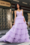 Princess A Line Spaghetti Straps Lilac Corset Formal Dress with Appliques Ruffles