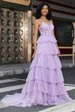 Princess A Line Spaghetti Straps Lilac Corset Formal Dress with Appliques Ruffles