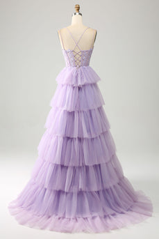 Lilac Tulle Tiered Princess Corset Formal Dress with Appliques