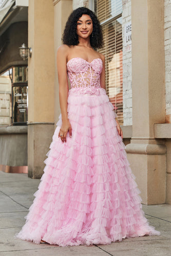 Pink A-Line Strapless Tiered Long Corset Formal Dress with Lace