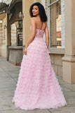 Pink A-Line Strapless Tiered Long Corset Formal Dress with Lace