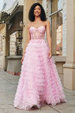 Pink A-Line Strapless Tiered Long Corset Formal Dress with Lace