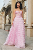 Pink A-Line Strapless Tiered Long Corset Formal Dress with Lace